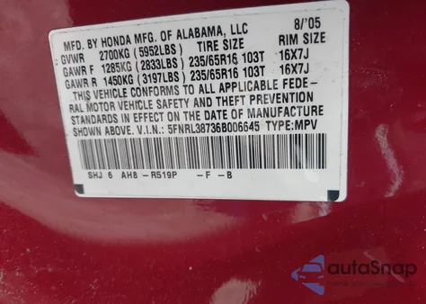2006 Honda Odyssey Ex-L z USA, uszkodzony, nr VIN 5FNRL38736B006645